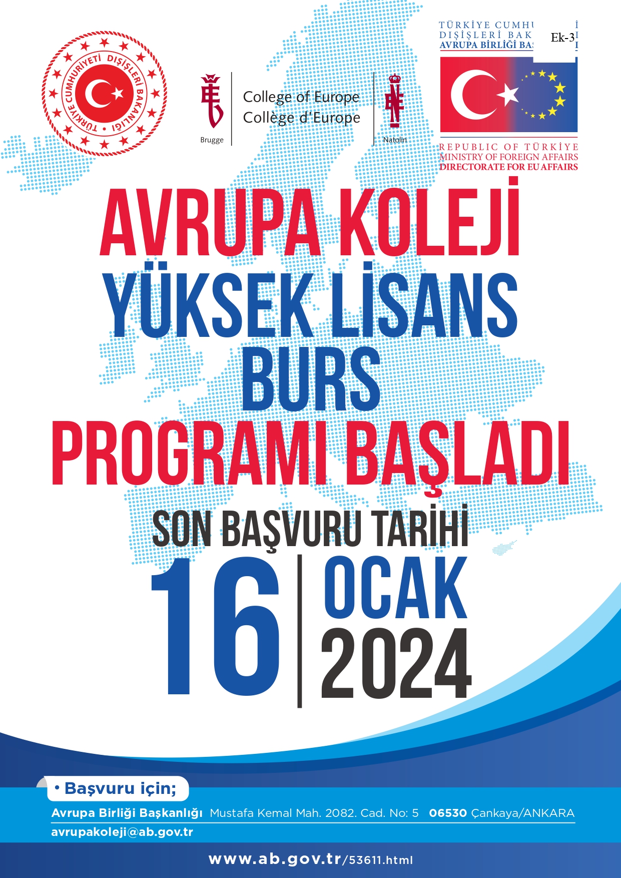 Avrupa Birliği Başkanlığı Avrupa Koleji Yüksek Lisans Burs Programı Duyurusu 2023